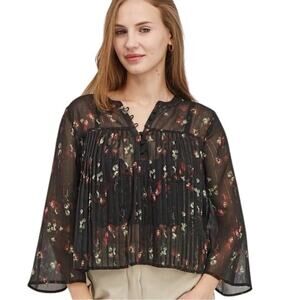 Avec Les Filles Sheer Floral Print Pleated Cropped Blouse in Black Size XS